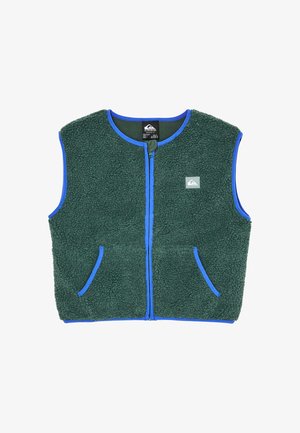 Garçon portant un bonnet noir, un gilet polaire vert avec une bordure bleue, une chemise à carreaux bleue et un jean bleu clair, face à un fond uni.