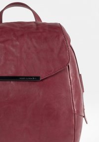 Burgunderfarbene Leder-Rucksack mit runder Form, glatter Textur, Klappverschluss und einer schwarzen Akzentplatte an der Vorderseite.