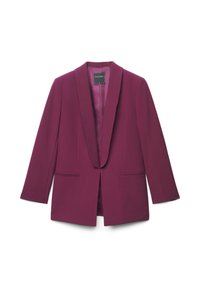 Magentafarbener Blazer mit Wickelkragen, langen Ärmeln und zwei Vorderentaschen. Hergestellt aus glattem Stoff mit tailliertem Schnitt. Gefüttertes Innenfutter.