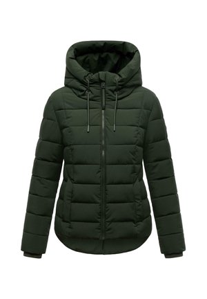 Chaqueta acolchada de color verde oscuro, con cremallera frontal, capucha ajustable y puños elásticos. Presenta un diseño acolchado con líneas horizontales.