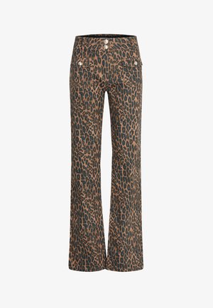 High-waist slim flare pants with brown and black leopard print and silver buttons on front pockets and waistband.