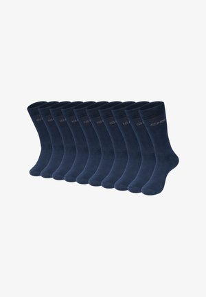 Laivastonsinisiä puuvillasukkia, kaksitoista kappaletta, ribbireunat, sileä pinta, logotiedolla sivussa, normaali crew-pituus.