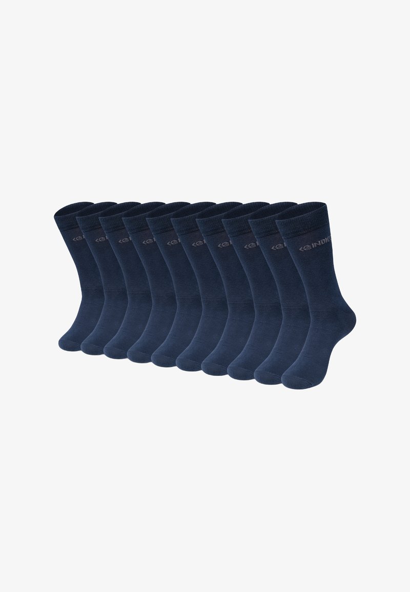 Calzini in cotone blu navy, set di dodici, con polsini a costine, texture liscia, con dettaglio logo sul lato, lunghezza standard da uomo.