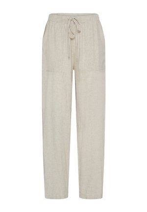 Bež lanene hlače s elastičnim pojasom, vezicom i prednjim džepovima s krpom, ravni kroj nogavica.