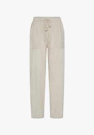 Bézs színű vászon nadrág rugalmas derékpánttal, húzózsinóros megkötővel és elülső zsebekkel, egyenes szárú fazon.