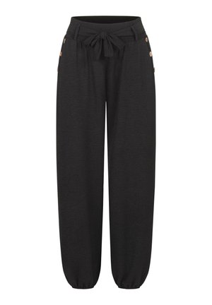 Pantalons noirs amples avec une taille à cordon de serrage, des boutons sur le côté et des poignets élastiques. Fabriqués en tissu doux et texturé.