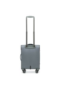 Grauer Stoff-Handgepäcks-Koffer mit ausziehbarem Griff, vier Rädern, abgerundeten Ecken und minimalistischem Design. Geeignet für Reisen oder zur Aufbewahrung.