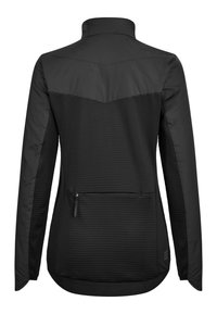 Black jacket featuring a high collar, ribbed texture on the body, and a zippered pocket on the back. Smooth sleeves and bottom hem.