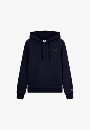 Sudadera azul marino de tela suave, con un bolsillo frontal tipo canguro, puños y dobladillo acanalados, y un pequeño logo blanco de Champion en el pecho.