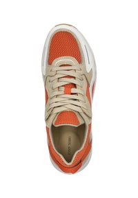 Orange and beige sneaker featuring a mesh upper, reinforced heel, rubber sole, and contrasting textured accents with beige laces.