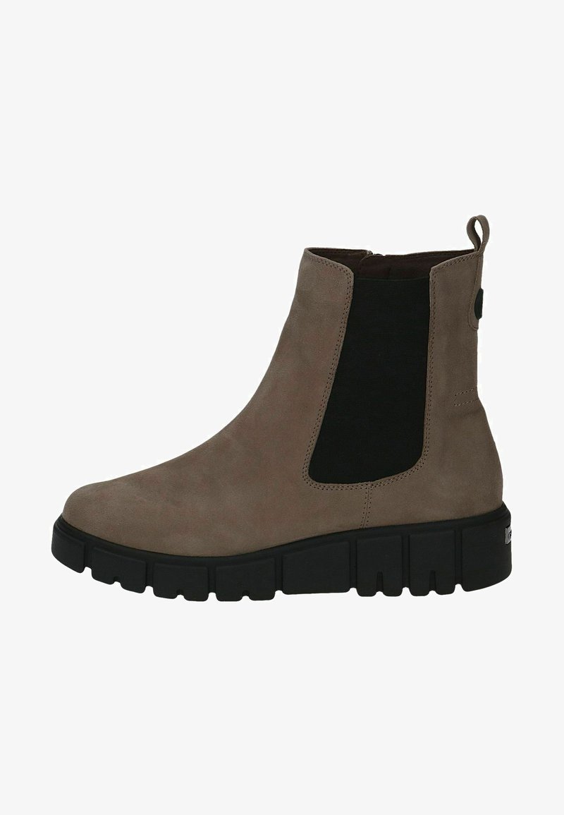 Wildleder-Ankle-Boots in Taupe mit schwarzen elastischen Seiteneinsätzen, runder Zehenform, dicker schwarzer Sohle und hinterer Zuglasche. Strukturierte Oberfläche, keine ausgeprägten Muster.