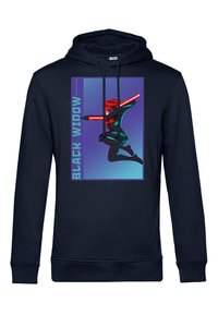 Felpa con cappuccio di colore blu navy con una stampa grafica di un personaggio in azione, il testo in grassetto recita "BLACK WIDOW", con uno sfondo a puntini.