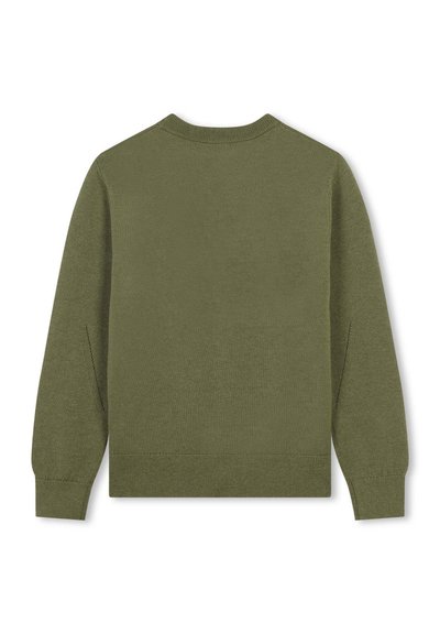 Groene gebreide trui met een ronde hals, lange mouwen en een ribbelzoom. De stof heeft een gladde textuur met een consistent patroon.