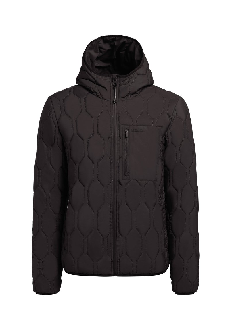 Veste rembourrée noire avec un motif hexagonal, dotée d'une capuche, d'une fermeture éclair et d'une poche poitrine. Fabriquée en matière lisse et légère.