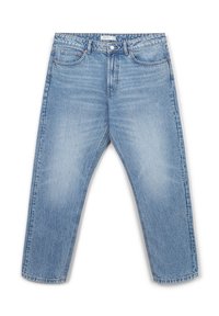 Jeans in denim azzurro chiaro con taglio dritto, cinque tasche, chiusura con bottone in metallo e sottili dettagli di sbiadimento sul tessuto.