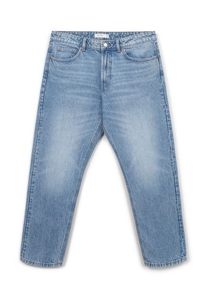 Hellblaue Jeans aus Denim mit geradem Bein, fünf Taschen, Metallknopfverschluss und dezenten Ausbleichungen auf dem Stoff.