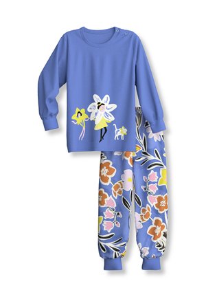 Pyjama enfant bleu à manches longues avec des illustrations de fleurs et de fées sur le haut et un pantalon assorti à motif floral.