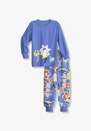 Pigiama blu a maniche lunghe per bambini con illustrazioni di fiori e fate sulla parte superiore e pantaloni coordinati con motivo floreale.