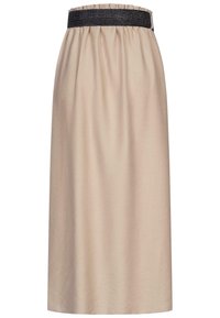 Jupe beige mi-longue avec un design froncé et une ceinture élastique texturée noire. Tissu lisse avec des coutures minimales visibles.