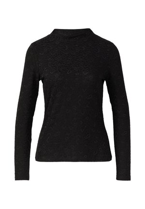 Black long-sleeve fitted top with subtle leopard print texture and a short mock neck collar.