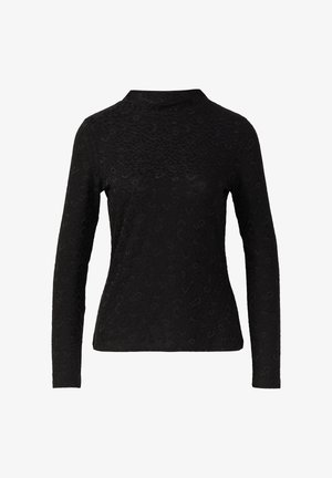 Melna, garām piedurknēm pieguloša blūze ar smalku leopardu raksta tekstūru un īsu augsto apkakli.