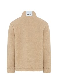 Giacca in pile beige con superficie testurizzata, colletto alto e etichetta ricamata "Brax" sul retro. Presenta maniche lunghe e orlo dritto.