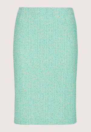 Mintgroene kokerrok van gestructureerde stof met een geweven patroon en subtiele metallic accenten. Kniehoog, met een aansluitende pasvorm.