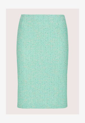 Minzgrüner Bleistiftrock aus strukturiertem Stoff mit einem gewebten Muster und dezenten metallischen Akzenten. Knielang und figurbetont geschnitten.