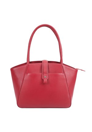 Rode leren handtas met twee handvatten, een voorflap met drukknop en een zijritssluiting, afgebeeld tegen een witte achtergrond.