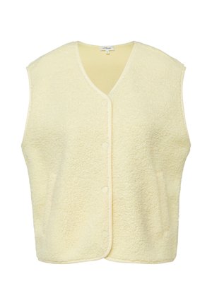 Kremowa bezrękawnikowa kamizelka z polaru z zatrzaskami i zaokrąglonym kołnierzem w kształcie litery V, wykonana z miękkiego, teksturowanego materiału.