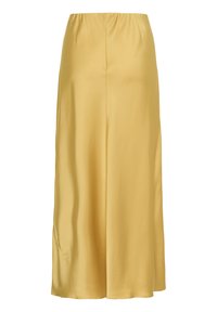Gonna maxi in satin gialla con elastico in vita, caratterizzata da una texture liscia e un taglio dritto, che arriva fino alla caviglia.