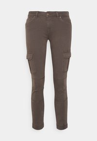 Hnědé cargo kalhoty se slim fit, vyrobené z bavlněné směsi. Mají dvě boční kapsy, zesílené kolena a elastické manžety na kotnících.