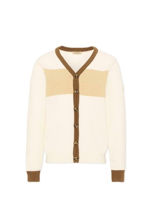 Cárdigan color crema con una franja horizontal beige, tapeta de botones marrón, cuello y puños, y seis botones de carey en la parte delantera.