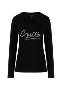 Schwarzes Baumwoll-T-Shirt mit langen Ärmeln und rundem Halsausschnitt. Verziert mit einem silbernen Logodesign auf der Brust und Strassakzenten.