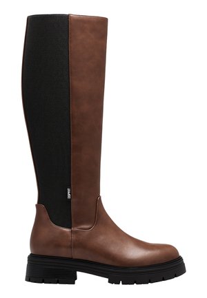 Botte marron montant jusqu'au genou avec panneau arrière élastique noir et semelle noire épaisse, avec une petite étiquette Esprit sur le côté.
