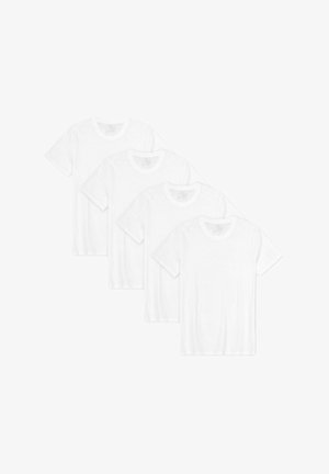Vier witte katoenen T-shirts met korte mouwen en ronde halslijnen, met een gladde textuur en zonder zichtbare patronen of accenten.