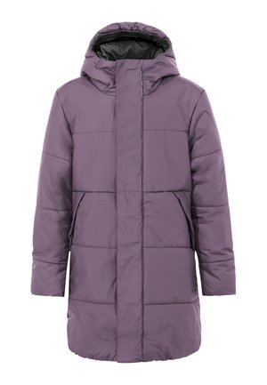 Lungo cappotto invernale imbottito viola con cappuccio, cerniera frontale coperta da pattina e tasche laterali, progettato per il freddo.