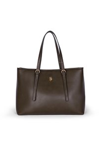 Borsa tote in pelle marrone scuro con due tracolle regolabili e un piccolo emblema dorato al centro anteriore.