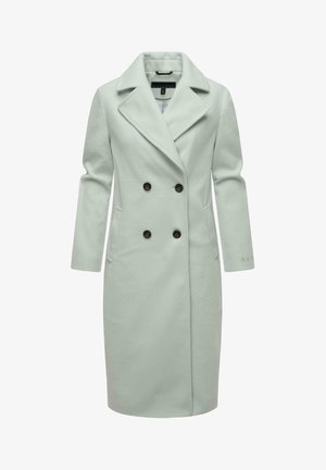 Manteau double boutonnage vert menthe avec col à revers, en tissu texturé et boutons noirs. Il dispose de deux poches avant et de manches se terminant au niveau des poignets.