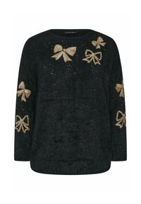 Czarny, puszysty sweter z złotymi cekinowymi wzorami w kształcie kokardy i małymi akcentami brokatowymi. Okrągły dekolt i długie rękawy, luźny krój.
