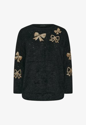 Mustassa pörröisessä neuleessa on kultaisia paljeteista tehtyjä bowsuunnitelmia ja pieniä kimalteita. Pyöreä pääntie ja pitkät hihat, rento istuvuus.