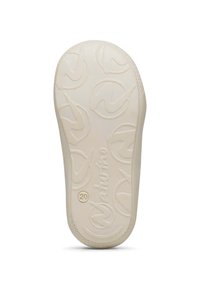 Helle Gummisohle mit strukturierter Oberfläche und kreisförmigen Logos. Verfügt über geprägt Markenname und Größenangabe 20. Glatte Kanten.