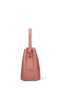 Borsa in pelle rosa polveroso con un manico superiore singolo, cuciture laterali visibili e dettagli in metallo color oro su sfondo bianco.