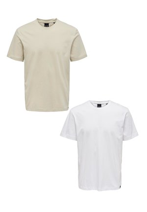 Two T-shirts: one beige and one white, both in a crew neck design. Made of soft cotton, featuring short sleeves and a straight cut.