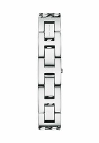 Pulsera de acero inoxidable plateada, con un diseño de eslabones de cadena que presenta superficies lisas y pulidas, además de un sutil detalle de marca.