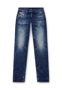 Dark blue denim jeans with a straight leg, featuring distressed details and light fading. Includes front pockets and a button closure.
