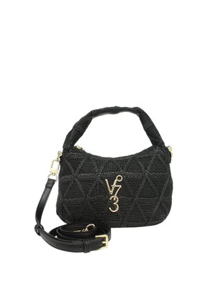 Borsa a tracolla nera intrecciata con motivo a diamante trapuntato, logo in metallo dorato sul davanti e tracolla in pelle nera removibile con fibbia dorata.