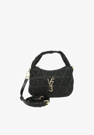 Borsa a tracolla nera intrecciata con motivo a diamante trapuntato, logo in metallo dorato sul davanti e tracolla in pelle nera removibile con fibbia dorata.