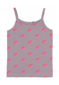 Top grigio con spalline sottili, caratterizzato da un motivo ripetuto di labbra rosa in diverse tonalità e trame. Tessuto di cotone, vestibilità casual.