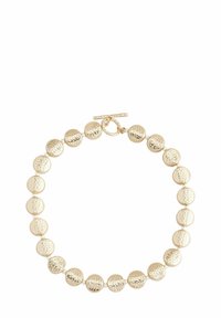 Bracelet en perles dorées avec des maillons ronds martelés, finition lisse et fermoir à bascule. Chaque perle présente une surface texturée pour un intérêt visuel.